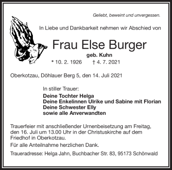 Traueranzeige von Else Burger von Frankenpost