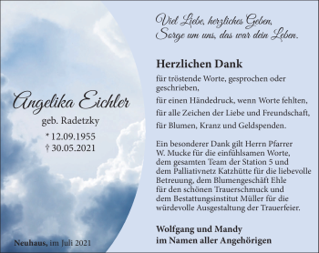 Traueranzeige von Angelika Eichler von Südthüringer Presse