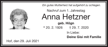 Traueranzeige von Anna Hetzner von Frankenpost