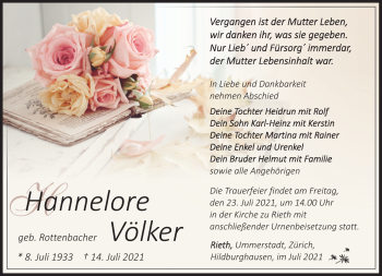 Traueranzeige von Hannelore Völker von Südthüringer Presse