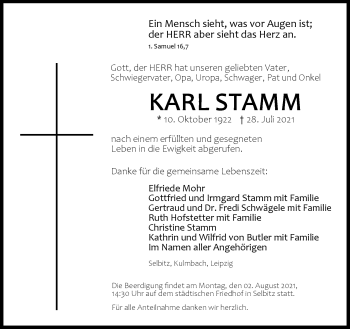 Traueranzeige von Karl Stamm von Frankenpost