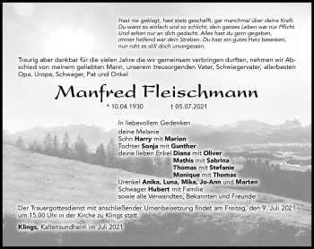 Traueranzeige von Manfred Fleischmann von Südthüringer Presse