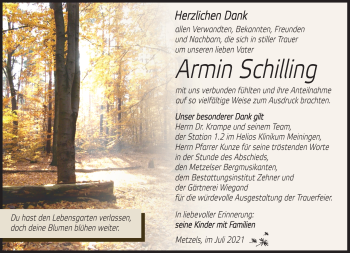 Traueranzeige von Armin Schilling von Südthüringer Presse
