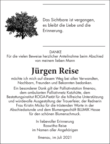 Traueranzeige von Jürgen Reise von Südthüringer Presse