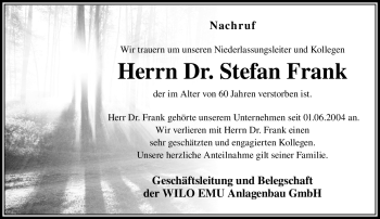 Traueranzeige von Stefan Frank von Frankenpost