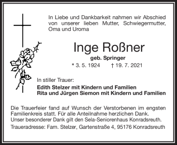 Traueranzeige von Inge Roßner von Frankenpost