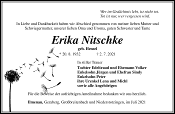 Traueranzeige von Erika Nitschke von Südthüringer Presse