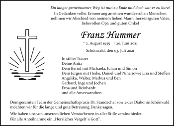 Traueranzeige von Franz Hummer von Frankenpost