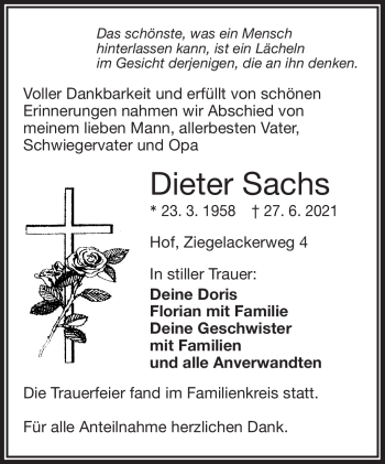 Traueranzeige von Dieter Sachs von Frankenpost
