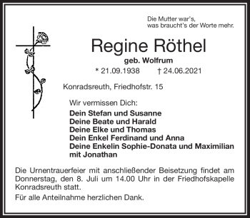 Traueranzeige von Regine Röthel von Frankenpost
