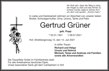 Traueranzeige von Gertrud Grüner von Frankenpost