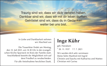 Traueranzeige von Inge Kühr von Frankenpost