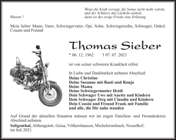 Traueranzeige von Thomas Sieber von Südthüringer Presse