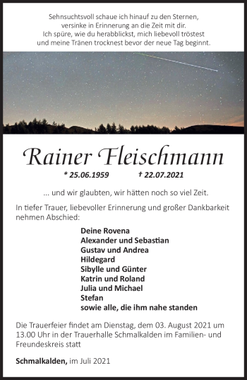 Traueranzeige von Rainer Fleischmann von Südthüringer Presse