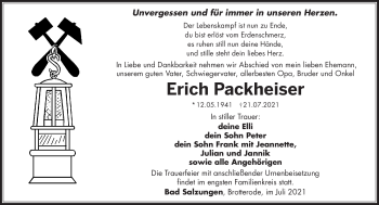 Traueranzeige von Erich Packheiser von Südthüringer Presse