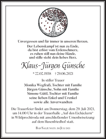 Traueranzeige von Klaus-Jürgen Günsche von Südthüringer Presse