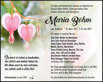 Traueranzeige von Maria Böhm von Südthüringer Presse