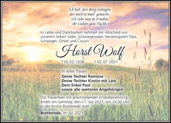 Traueranzeige von Horst Wolf von Südthüringer Presse