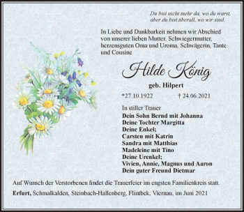 Traueranzeige von Hilde König von Südthüringer Presse