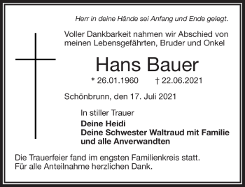 Traueranzeige von Hans Bauer von Frankenpost