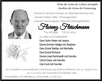 Traueranzeige von Florenz Fleischmann von Südthüringer Presse