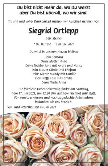 Traueranzeige von Siegfrie Ortlepp von Südthüringer Presse