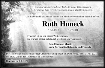 Traueranzeige von Ruth Huneck von Südthüringer Presse