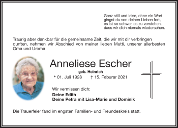 Traueranzeige von Anneliese Escher von Frankenpost