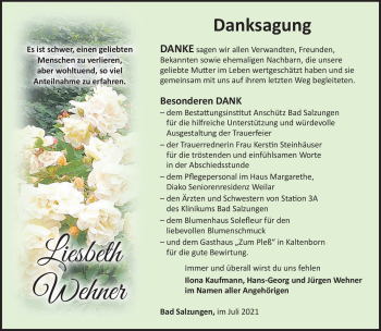 Traueranzeige von Liesbeth Wehner von Südthüringer Presse