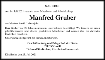 Traueranzeige von Manfred Gruber von Südthüringer Presse