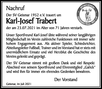 Traueranzeige von Karl-Josef Trabert von Südthüringer Presse