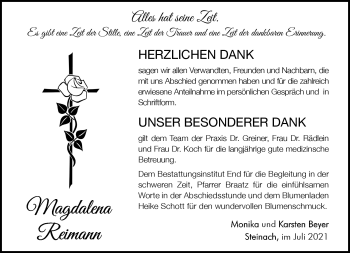 Traueranzeige von Magdalena Reimann von Südthüringer Presse
