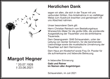Traueranzeige von Margot Hegner von Frankenpost