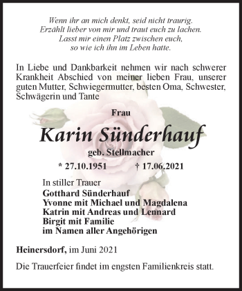Traueranzeige von Karin Sünderhauf von Südthüringer Presse