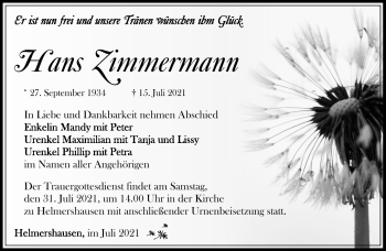Traueranzeige von Hans Zimmermann von Südthüringer Presse