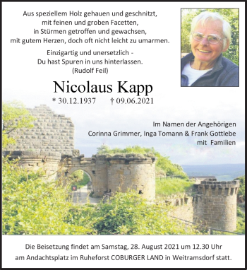 Traueranzeige von Nicolaus Kapp von Neue Presse Coburg