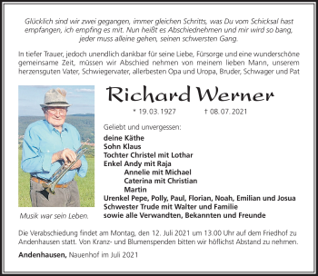 Traueranzeige von Richadd Werner von Südthüringer Presse
