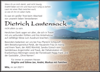 Traueranzeige von Dietrich Lautensack von Südthüringer Presse