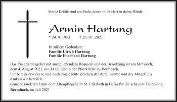 Traueranzeige von Armin Hartung von Südthüringer Presse
