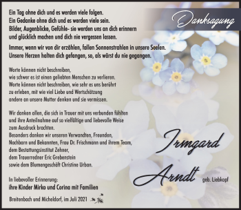 Traueranzeige von Irmgard Arndt von Südthüringer Presse