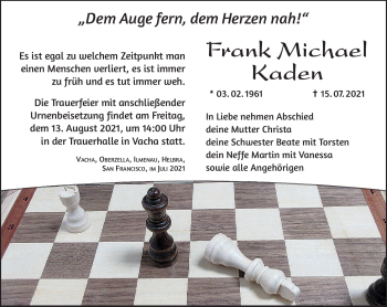 Traueranzeige von Frank Michael Kanden von Südthüringer Presse