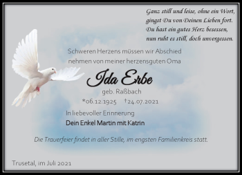 Traueranzeige von Ida Erbe von Südthüringer Presse