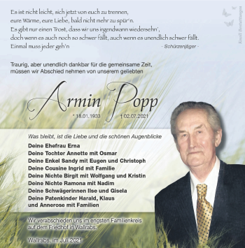 Traueranzeige von Armin Popp von Südthüringer Presse