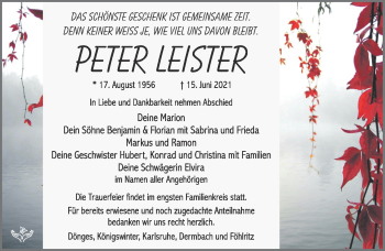 Traueranzeige von Peter Leister von Südthüringer Presse
