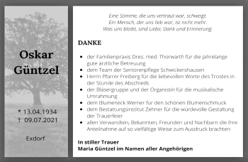 Traueranzeige von Oskar Güntzel von Südthüringer Presse