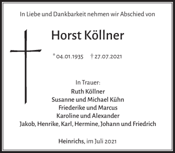 Traueranzeige von Horst Köllner von Südthüringer Presse