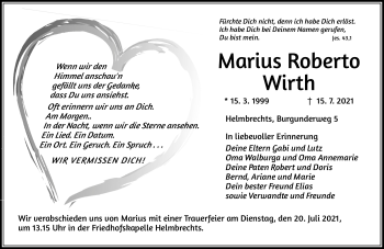 Traueranzeige von Marius Roberto Wirth von Frankenpost