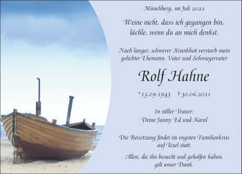 Traueranzeige von Rolf Hahne von Frankenpost