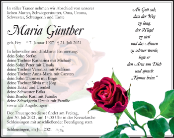 Traueranzeige von Maria Günther von Südthüringer Presse