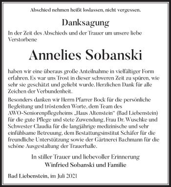 Traueranzeige von Annelies Sobanski von Südthüringer Presse